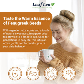 LeafLea fenugreek tea bag box showcases convenient, individually wrapped freshness for travel.