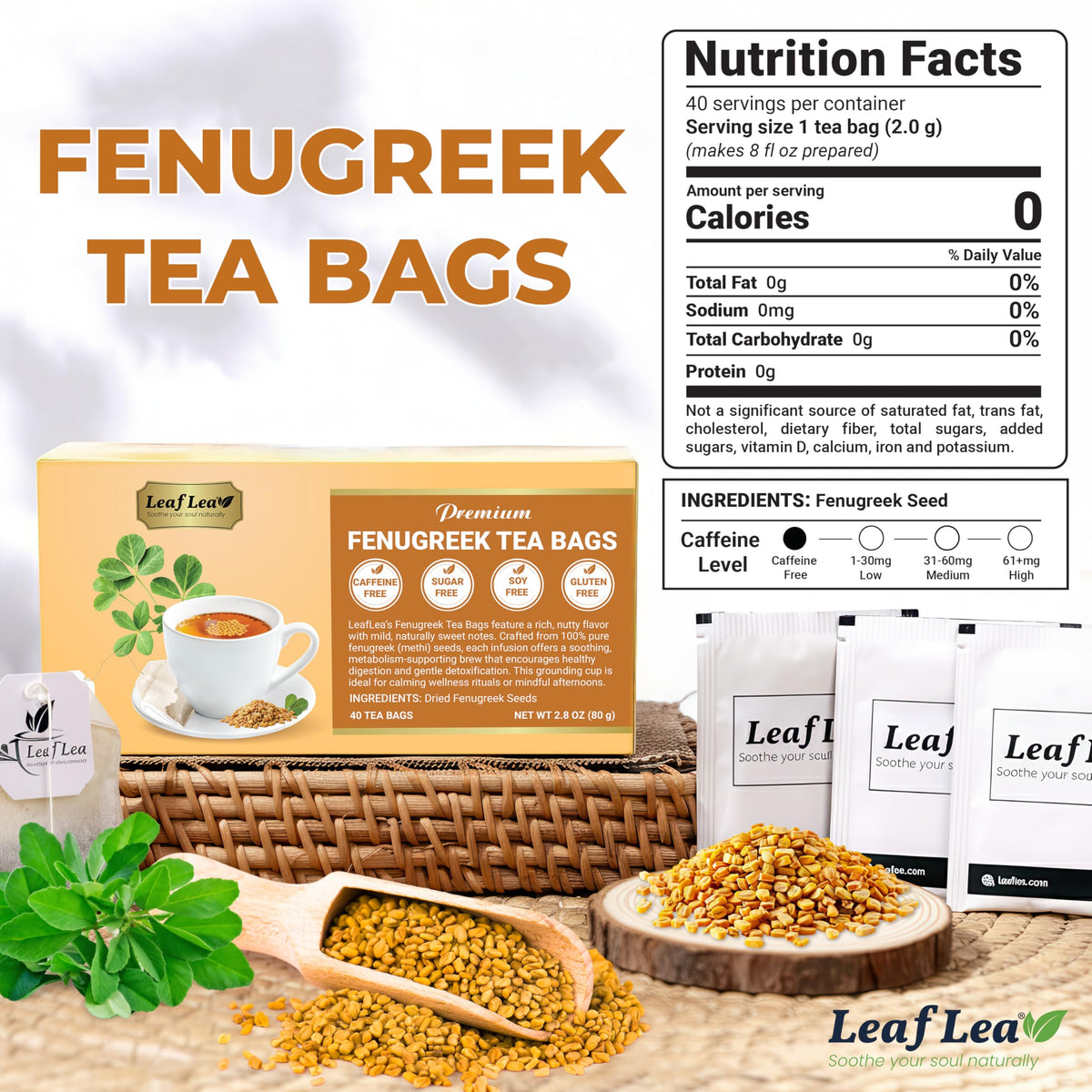 LeafLea fenugreek tea bag filter detail emphasizes safe, plastic-free filtration for fresh brews.