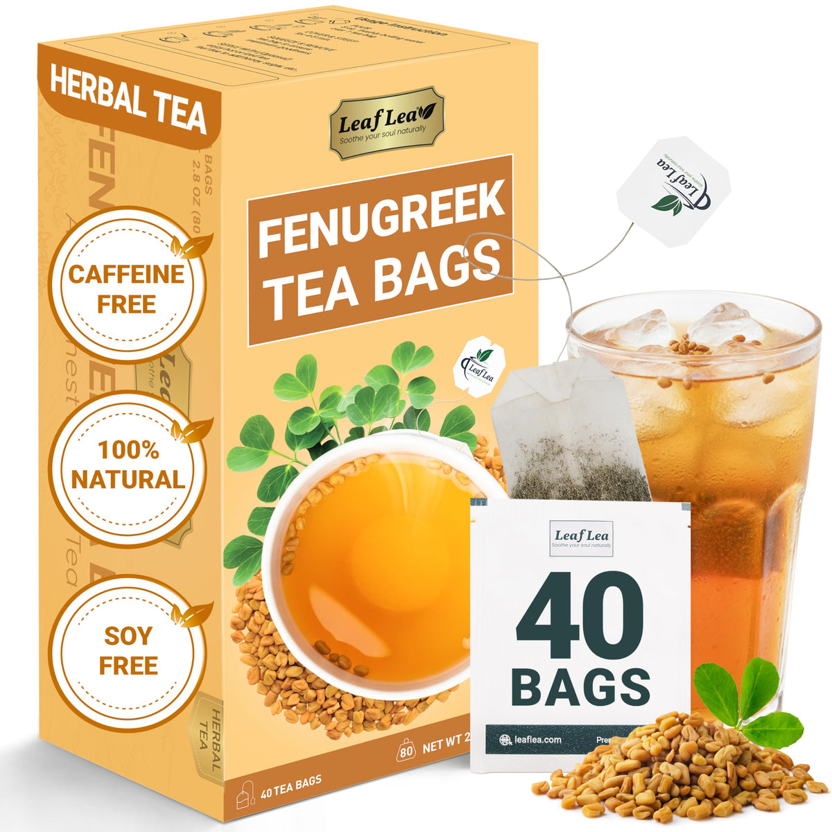 LeafLea fenugreek tea bags pack showing pure ingredients for a straightforward, additive-free brew.
