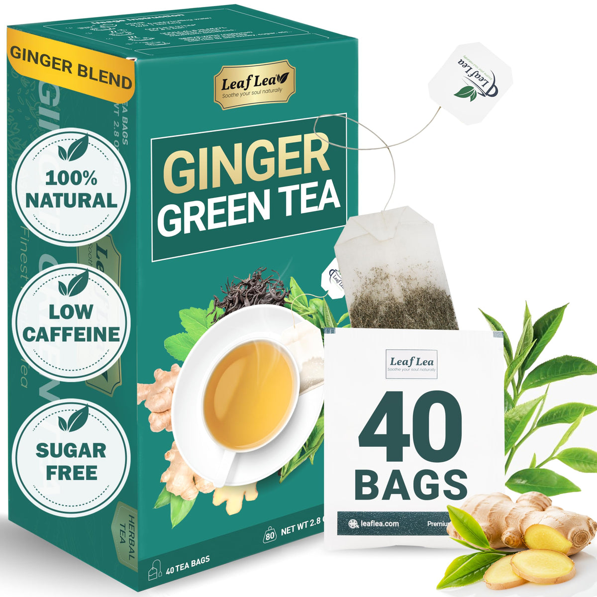 LeafLea Ginger Green Tea bags in a box, ready for a digestive comfort daily ritual.