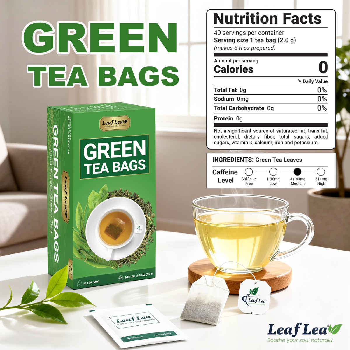 LeafLea green tea bag individually wrapped for peak freshness and aroma.