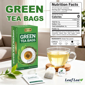 LeafLea green tea bag individually wrapped for peak freshness and aroma.