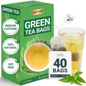 LeafLea green tea bags in a box front for a fresh daily ritual.