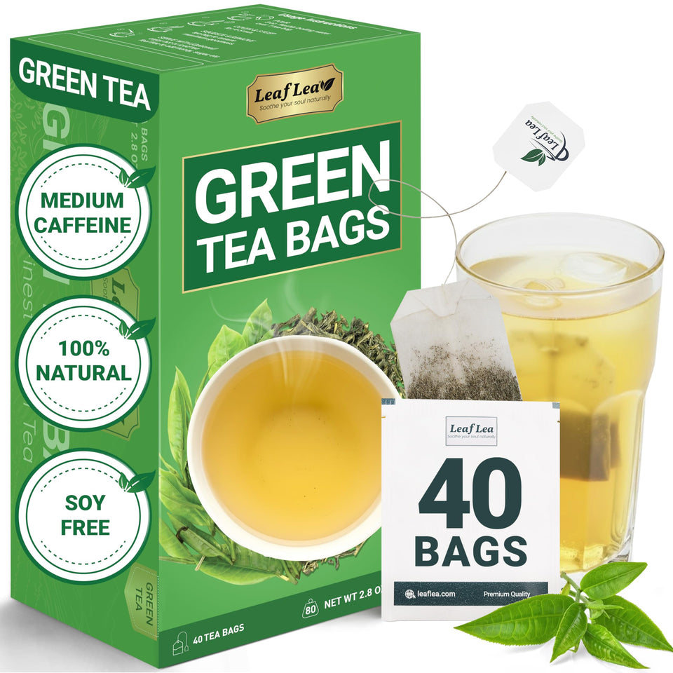 LeafLea green tea bags in a box front for a fresh daily ritual.