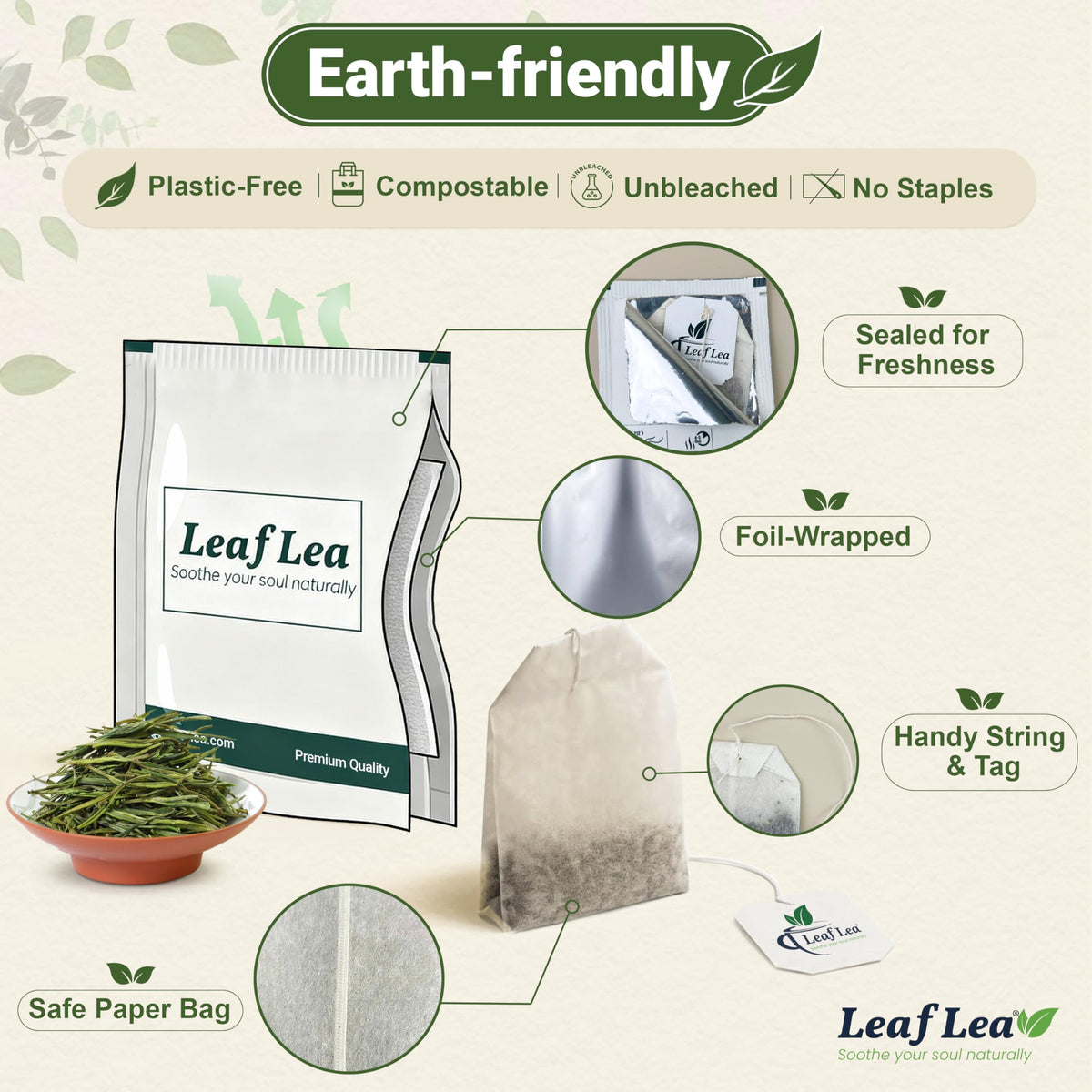 LeafLea tea bag steeping in hot water for a quick brew.