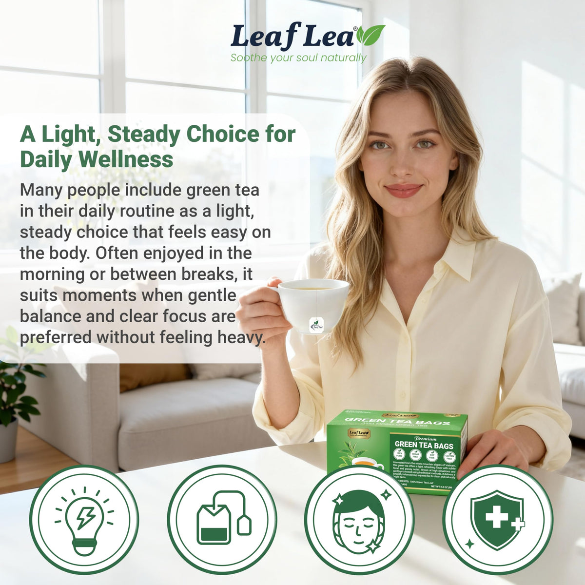 LeafLea green tea brew steeping in a cup with a pale green color.