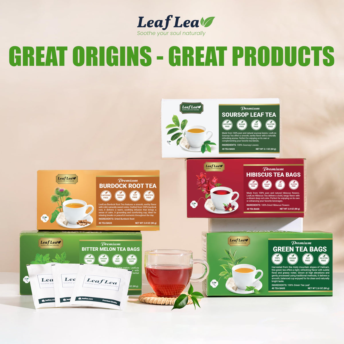 LeafLea green tea counter display emphasizes easy freshness.