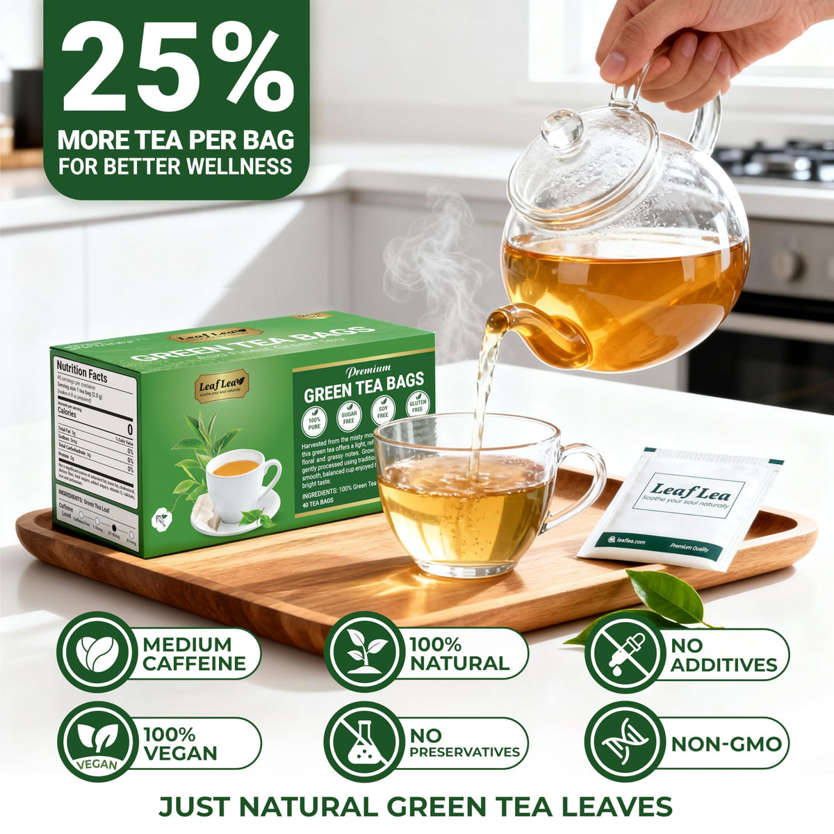 LeafLea cup shows a bright, transparent infusion ready to sip.