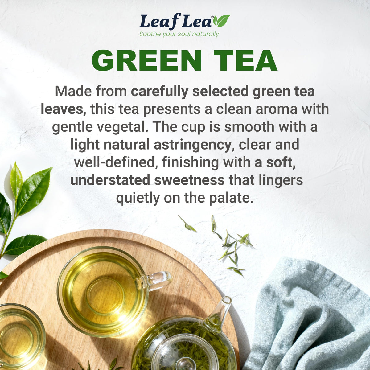 LeafLea green tea leaf closeup reveals premium Camellia sinensis leaves.