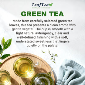 LeafLea green tea leaf closeup reveals premium Camellia sinensis leaves.