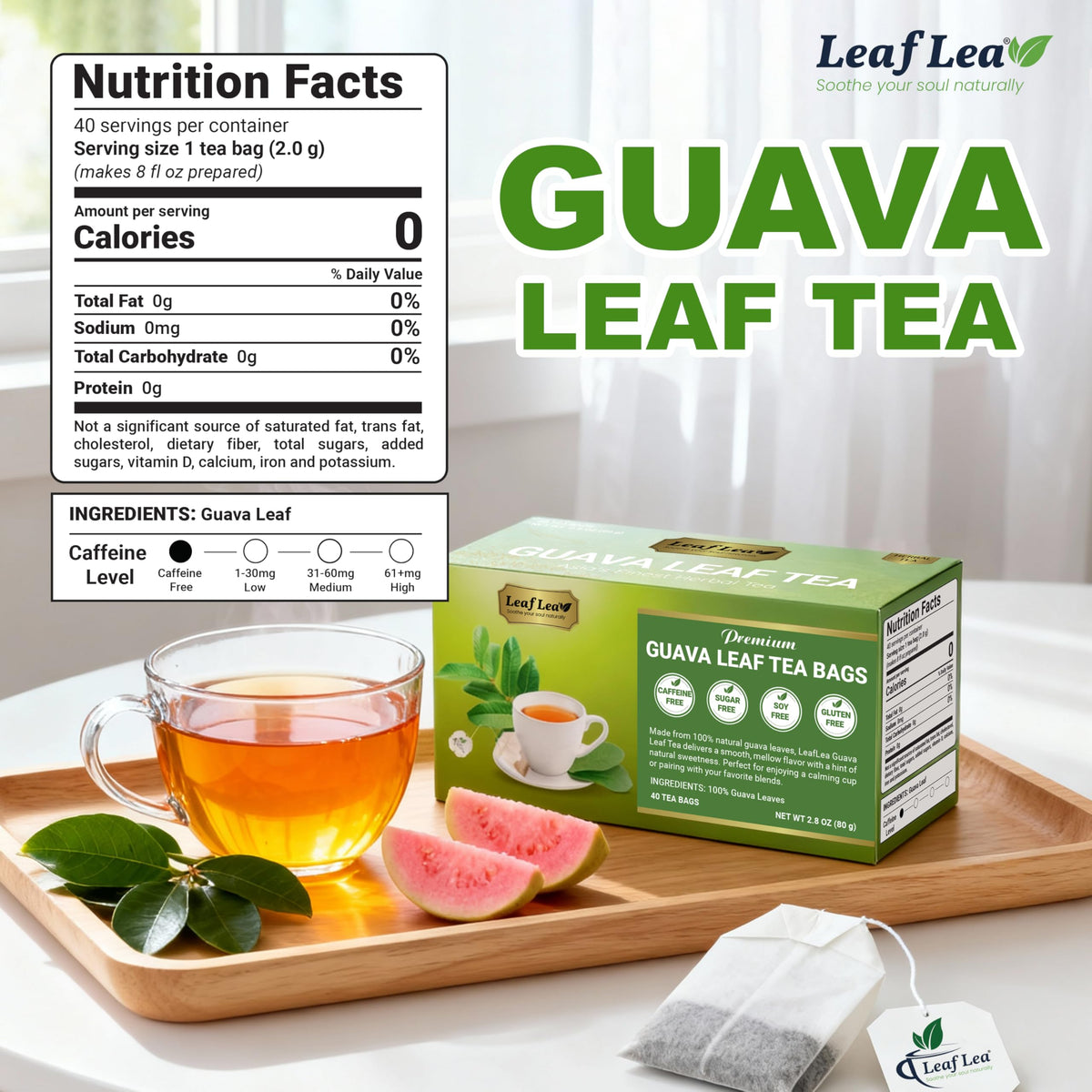 LeafLea Guava Leaf Tea bags close-up, 100% natural leaves for daily wellness.