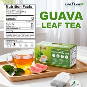 LeafLea Guava Leaf Tea bags close-up, 100% natural leaves for daily wellness.