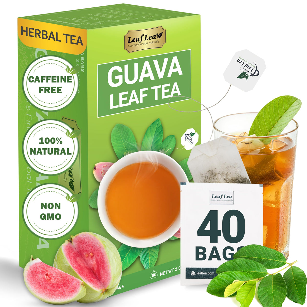 LeafLea Guava Leaf Tea bags in a box, caffeine-free and vegan.