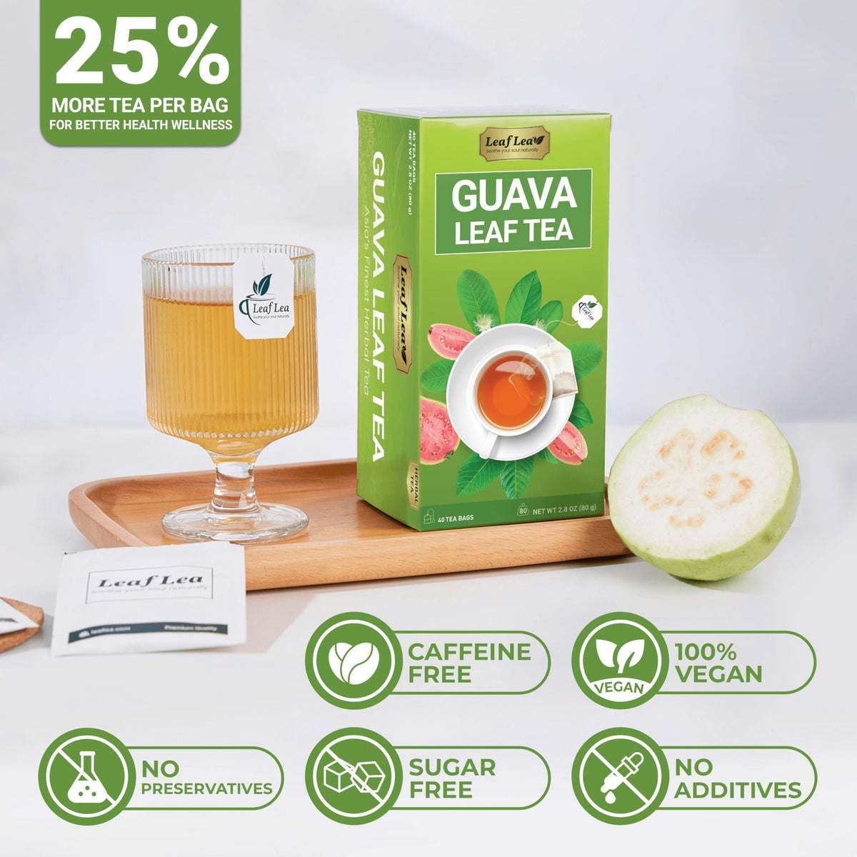 LeafLea Guava Leaf Tea packaging label highlights gluten-free and non-GMO.