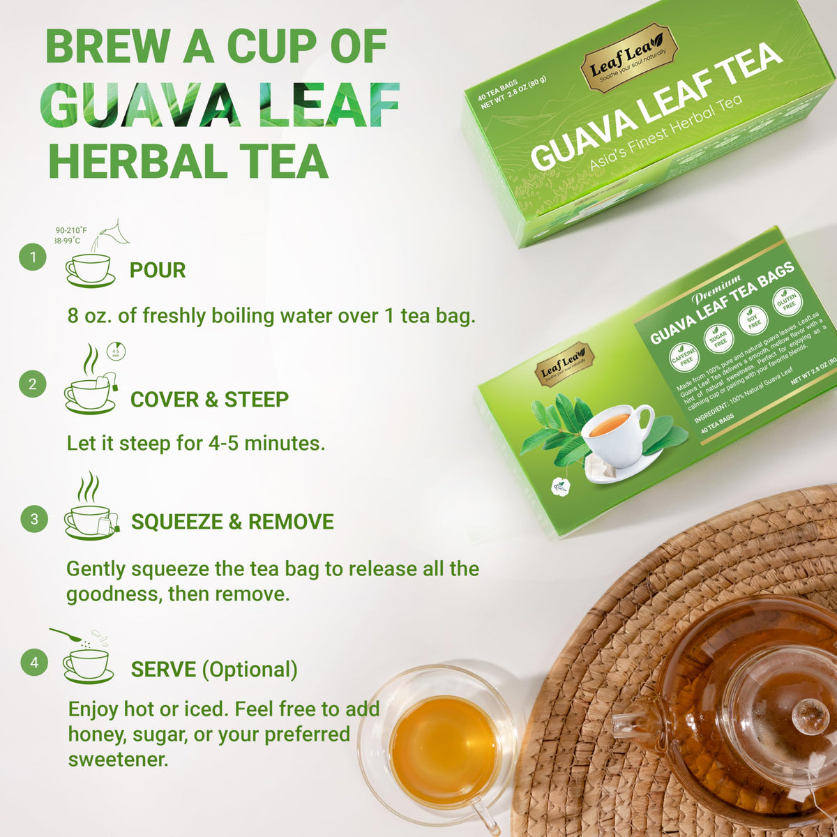 LeafLea Guava Leaf Tea steeping setup, inviting aroma.