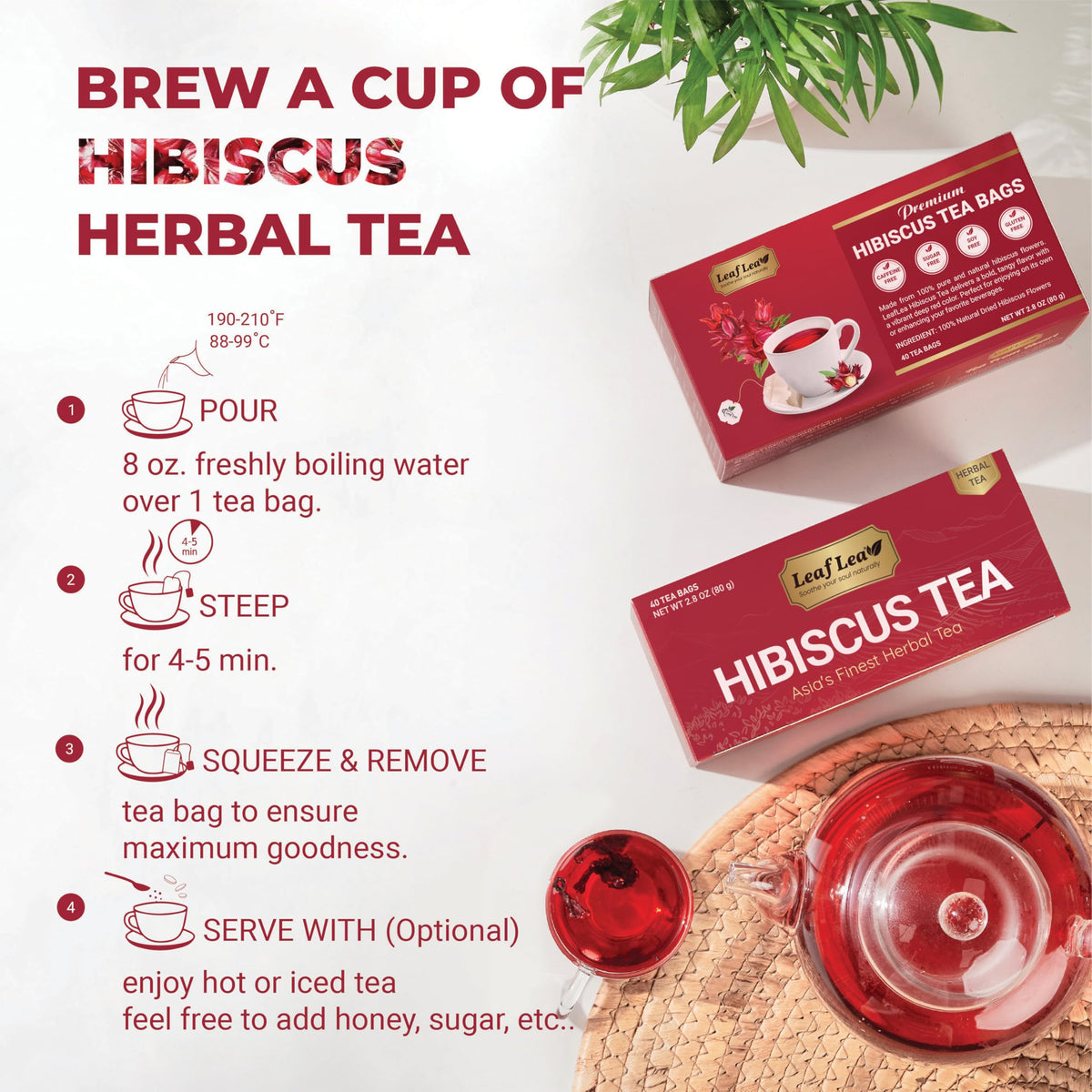 LeafLea hibiscus tea bags yield a vibrant crimson cup every time