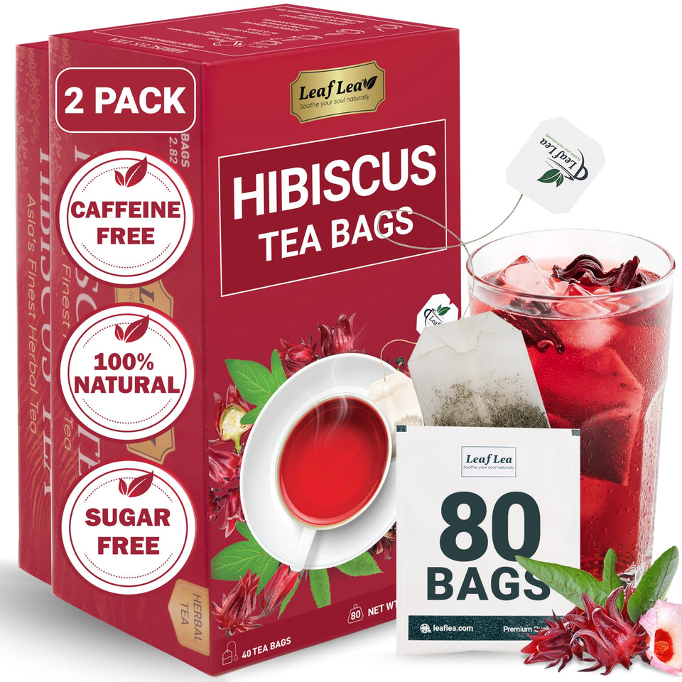 LeafLea hibiscus tea bags display crimson infusion for a refreshing caffeine-free moment