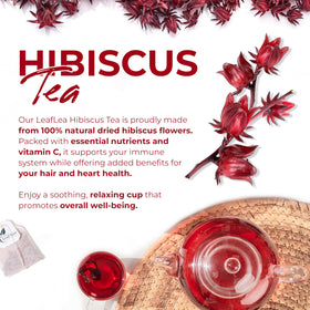 LeafLea hibiscus tea bags steeping to warm, aromatic hot tea for evenings