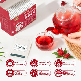 LeafLea Hibiscus tea bags gluten-free and non-GMO credentials.