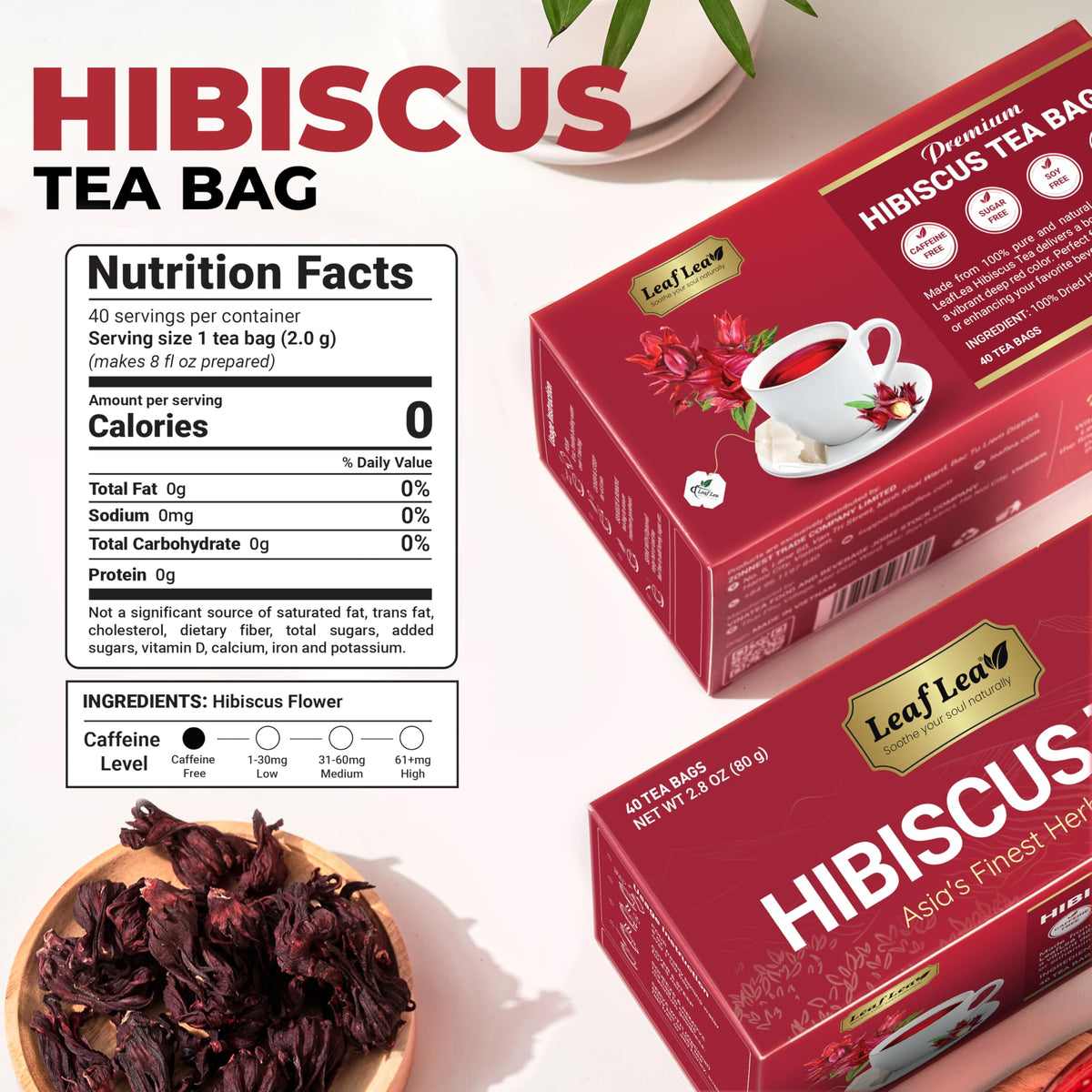 LeafLea hibiscus tea bags hot brew ready for a comforting cup