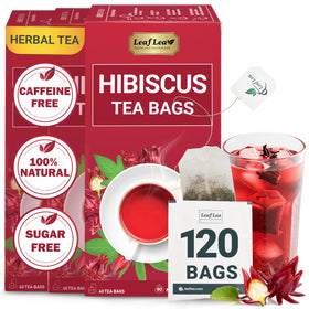 LeafLea hibiscus tea bags pack with 120-count convenience for caffeine-free brewing.
