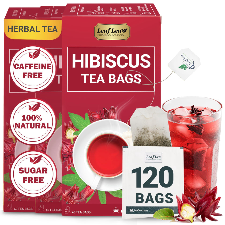 LeafLea hibiscus tea bags pack with 120-count convenience for caffeine-free brewing.