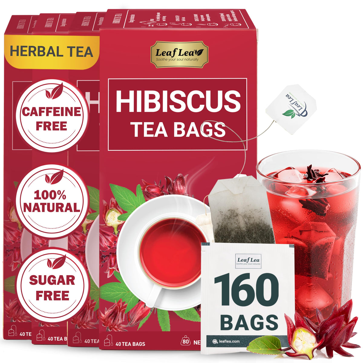 LeafLea Hibiscus tea bags packaged in a box for everyday freshness.