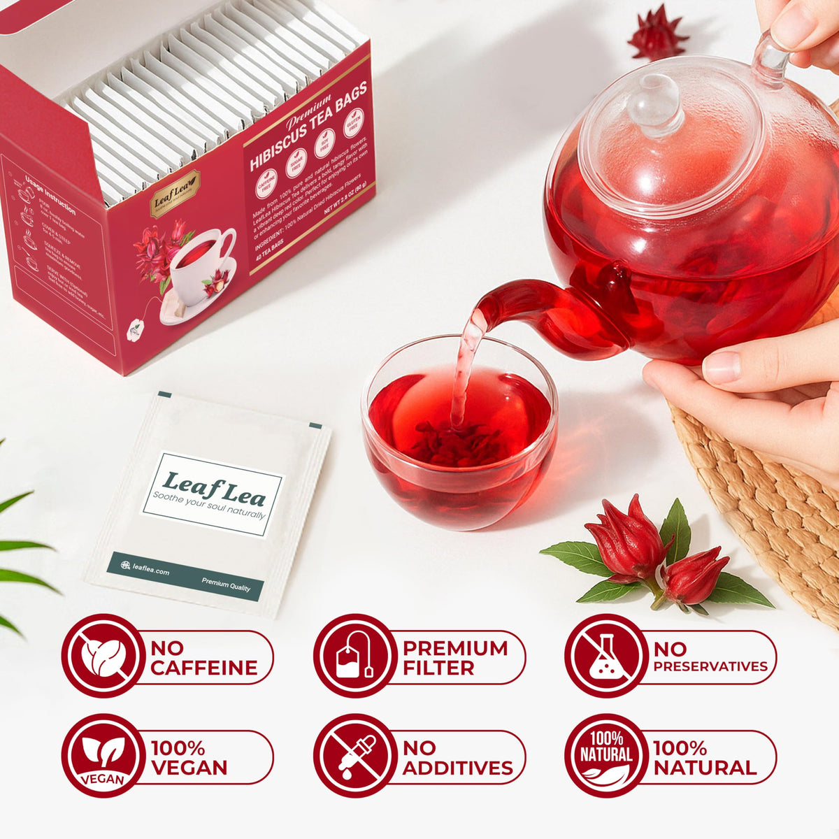 LeafLea hibiscus tea bags packaging highlights natural non-GMO ingredients