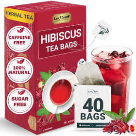 LeafLea hibiscus tea bags packaging shows 40-count caffeine-free herbal option