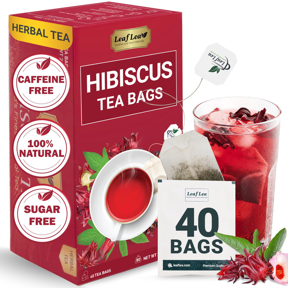LeafLea hibiscus tea bags packaging shows 40-count caffeine-free herbal option