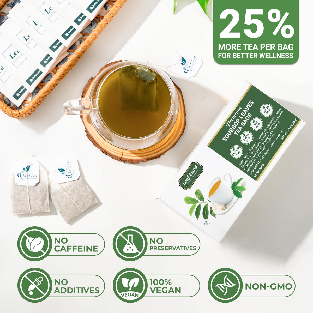 LeafLea individually wrapped tea bag preserves freshness for travel.