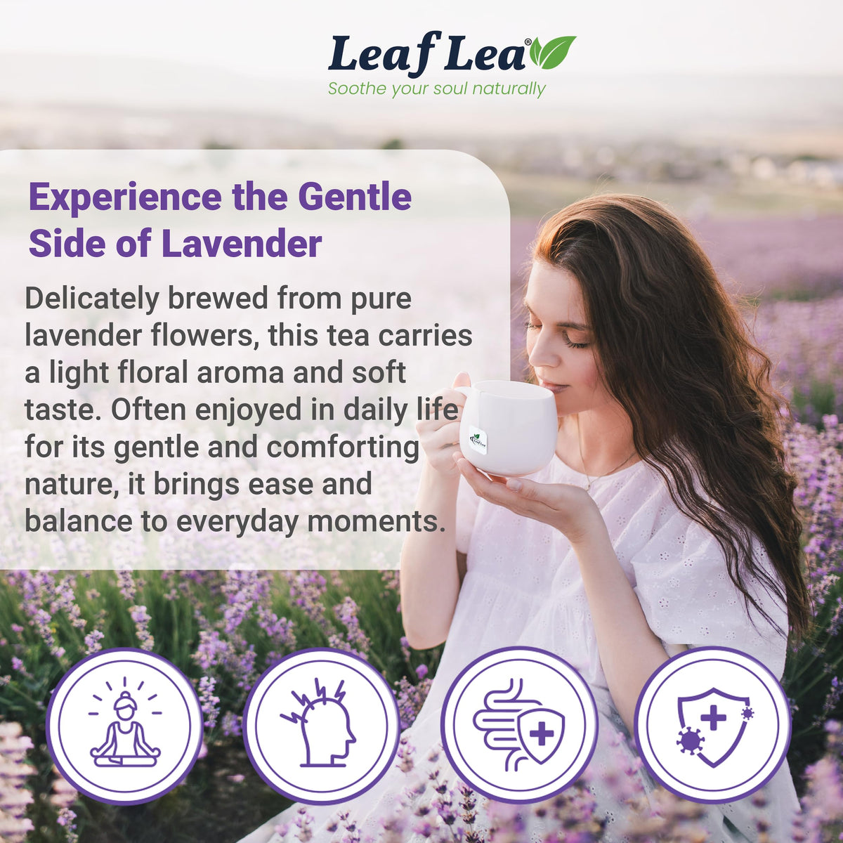 LeafLea Lavender Tea Cup steeping, soft floral aroma rising invitingly