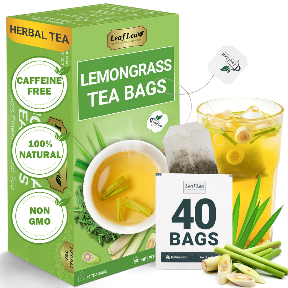 LeafLea lemongrass tea bags packaging highlights pure leaves and natural aroma for daily calm.