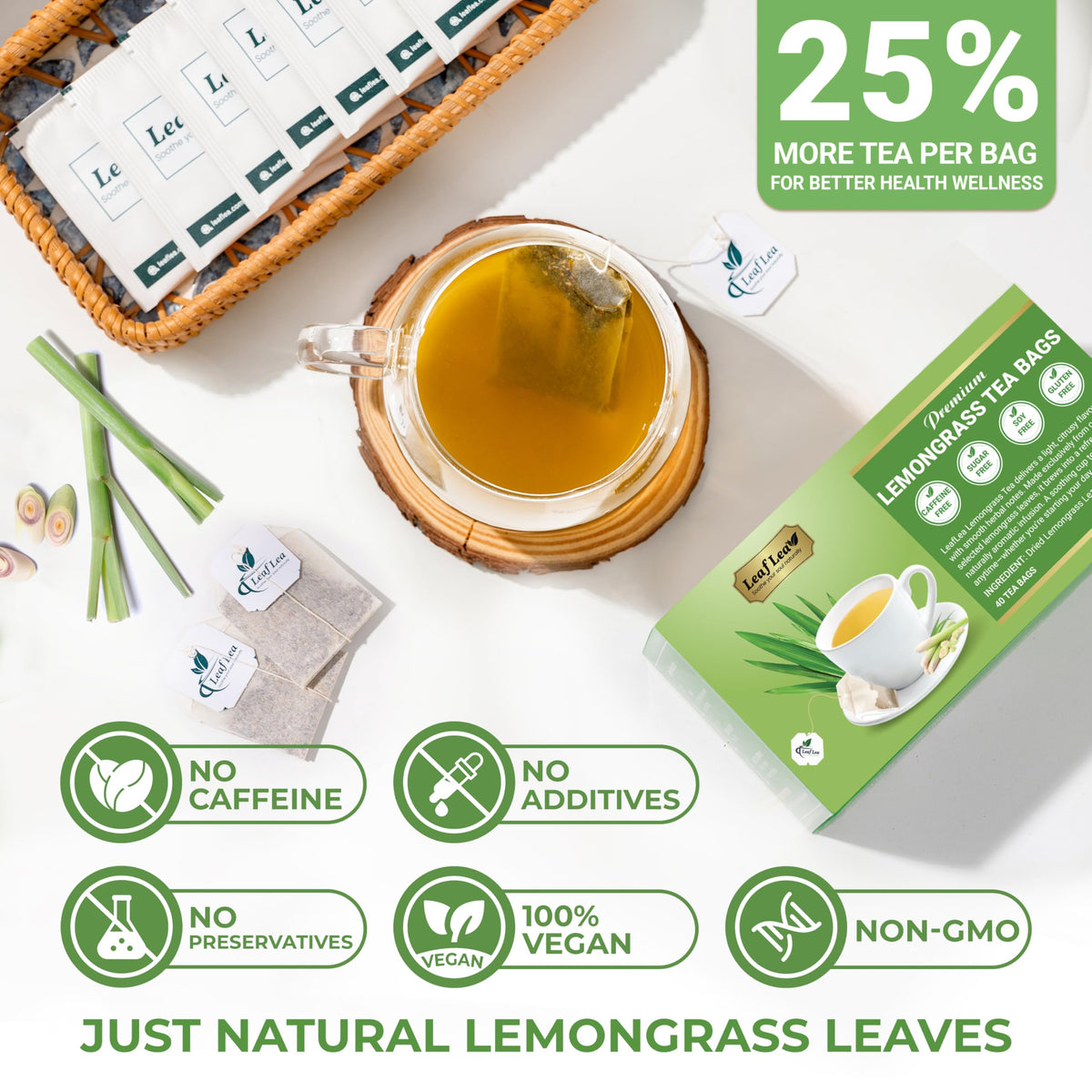 LeafLea lemongrass tea sugar-free label on packaging signals light choice.