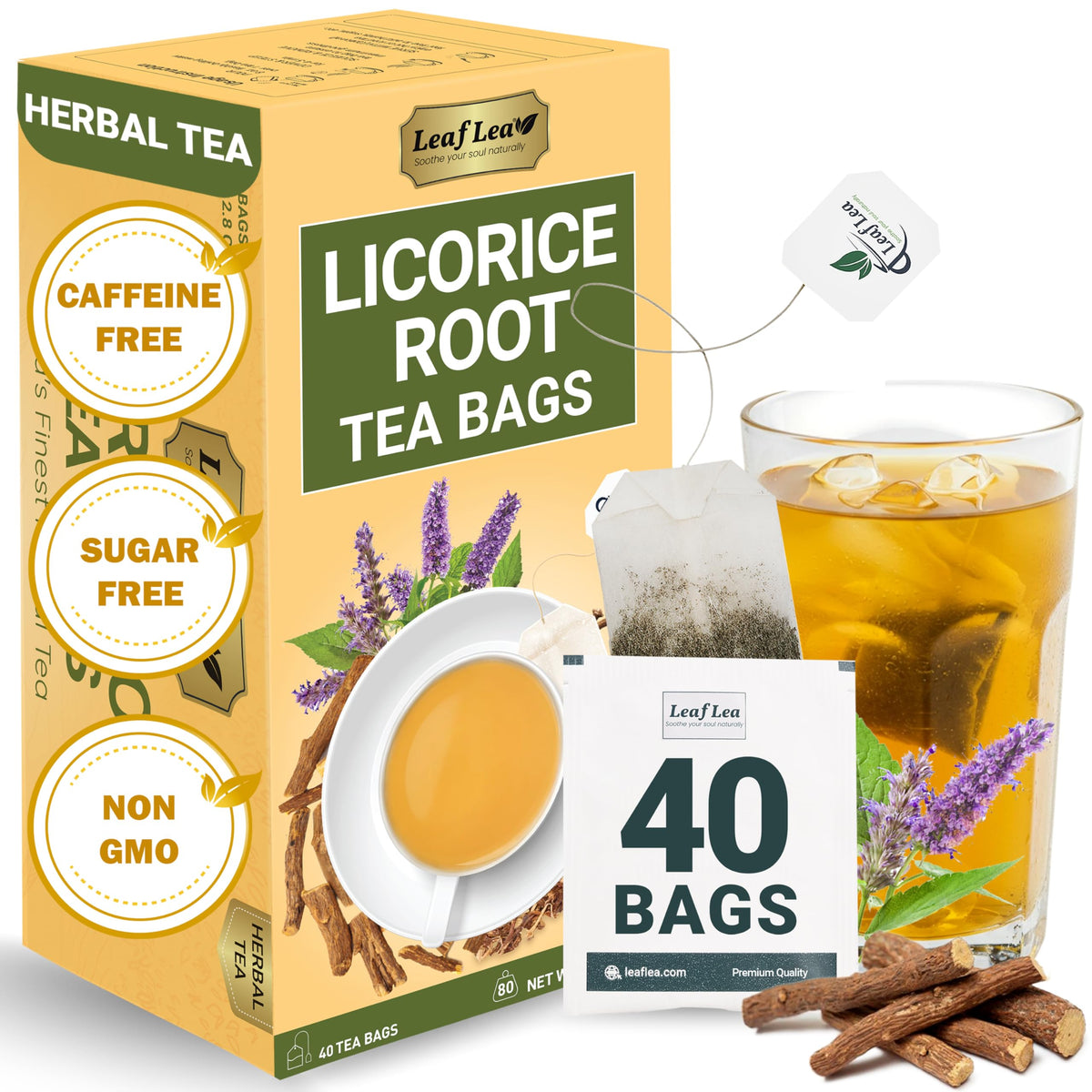 LeafLea licorice root tea bags ready for a caffeine-free infusion.