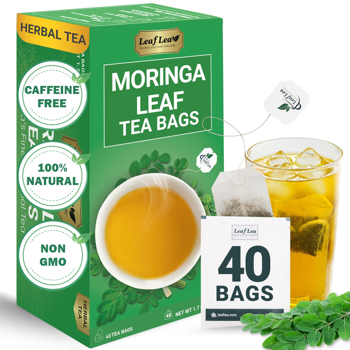 LeafLea moringa tea bags packaging shows a box of 40 wrapped bags for freshness.