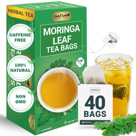 LeafLea moringa tea bags packaging shows a box of 40 wrapped bags for freshness.