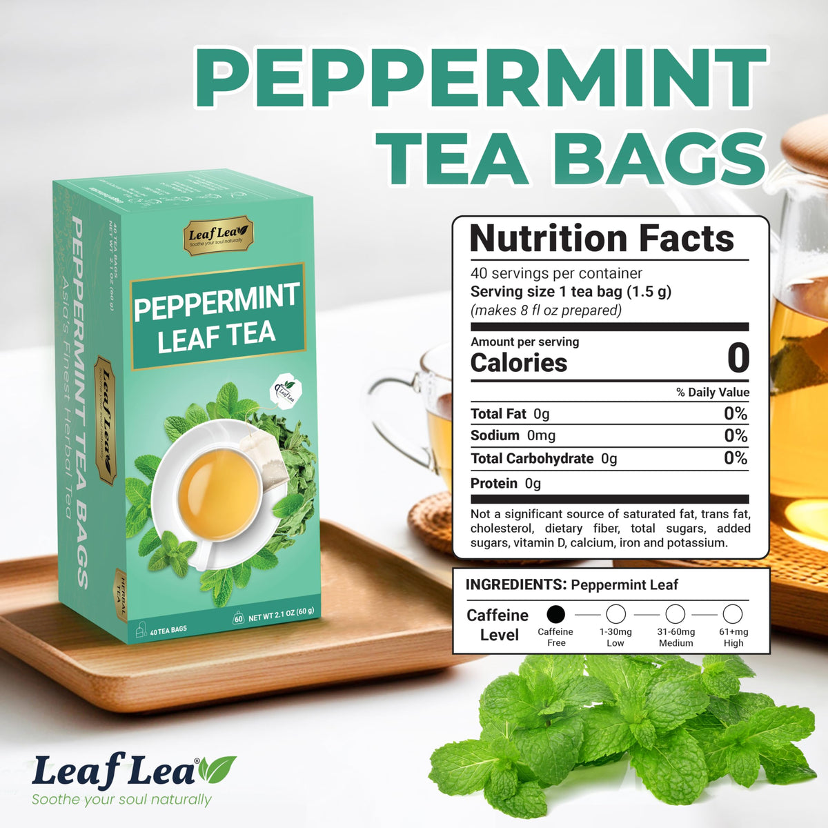 Closeup of LeafLea peppermint tea bags highlighting natural peppermint leaves for purity