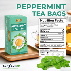 Closeup of LeafLea peppermint tea bags highlighting natural peppermint leaves for purity