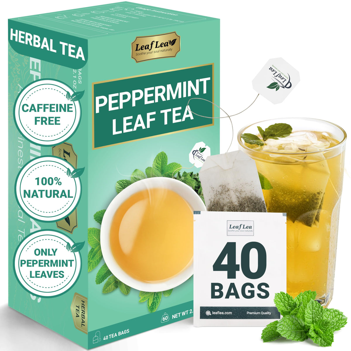 LeafLea peppermint tea bags packaging shows a simple, additive-free option for a light moment