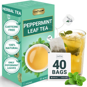 LeafLea peppermint tea bags packaging shows a simple, additive-free option for a light moment