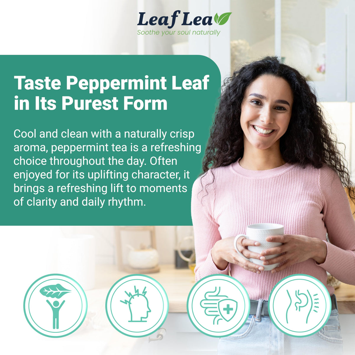Hot brew in a cup of LeafLea peppermint tea with a fresh, cooling aroma