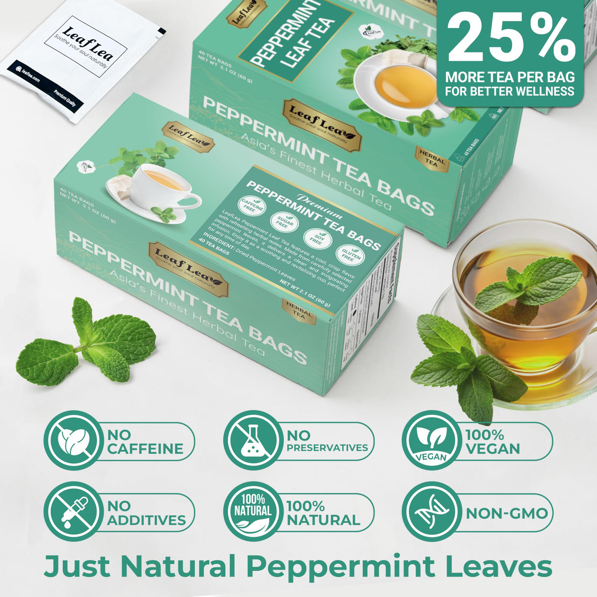 LeafLea peppermint tea uses a single-ingredient label for a simple routine