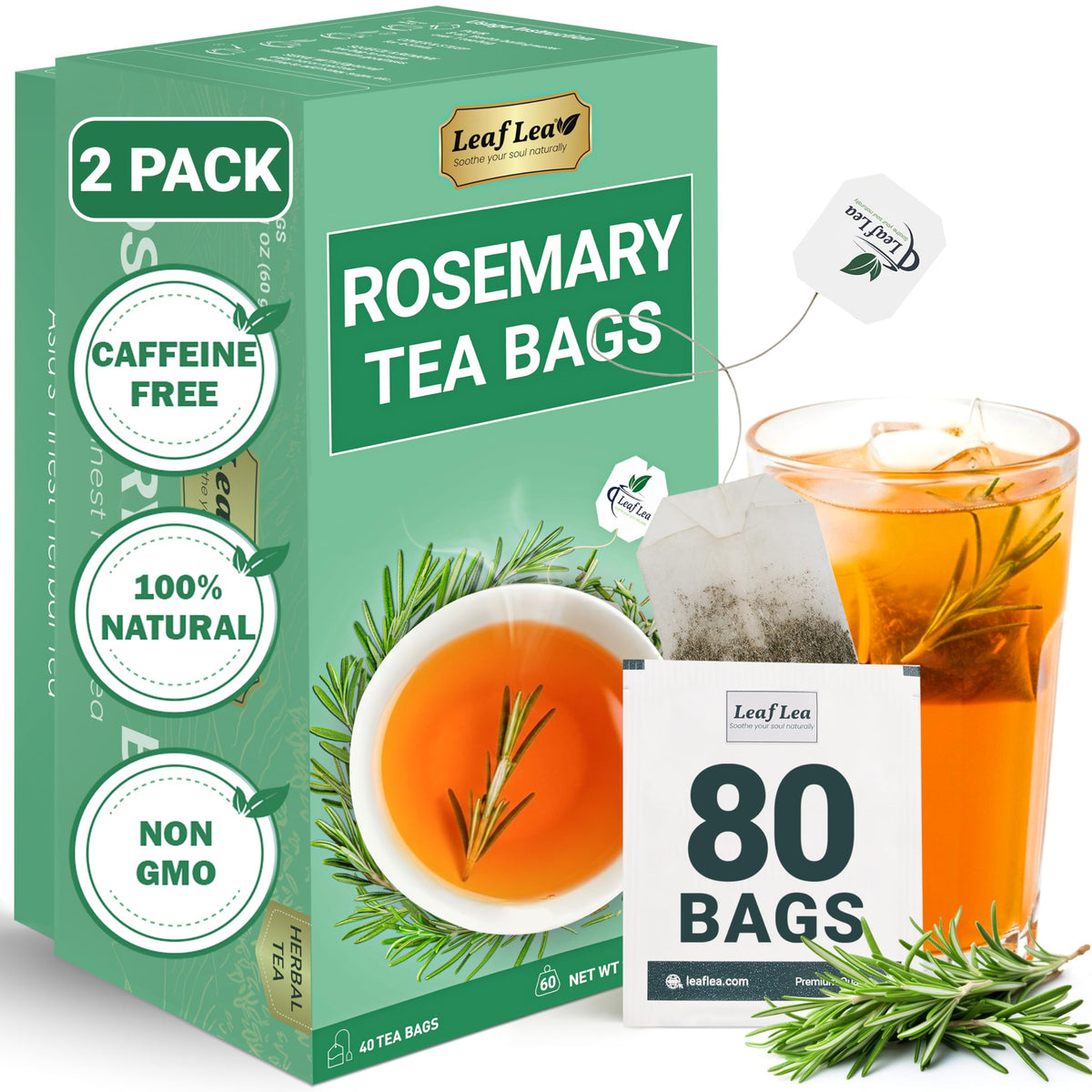 LeafLea rosemary tea bags in box for easy daily brewing