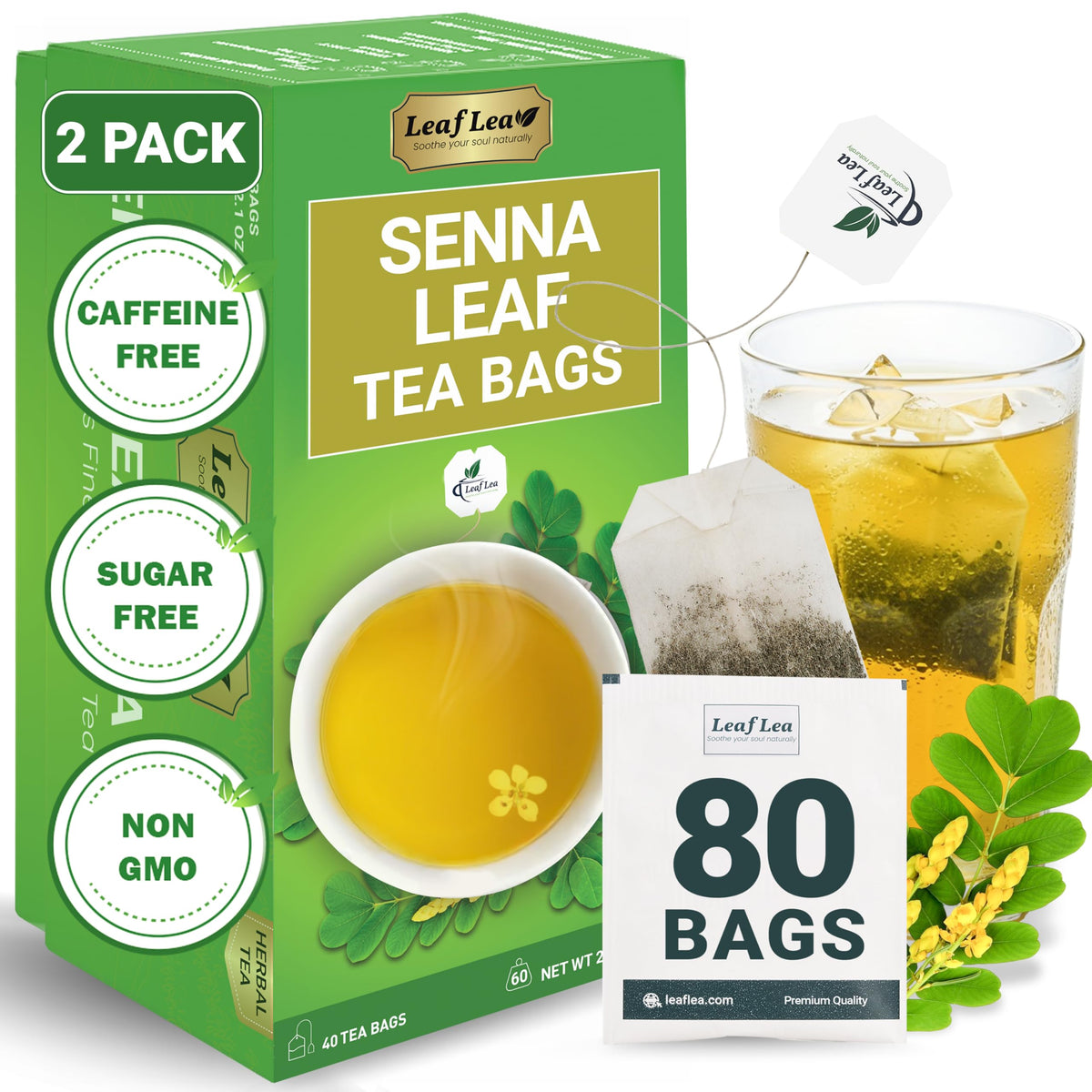 LeafLea senna tea bags pack shows pure leaves for gentle digestion