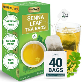 LeafLea Senna tea bags featuring pure leaves for a natural, caffeine-free infusion.