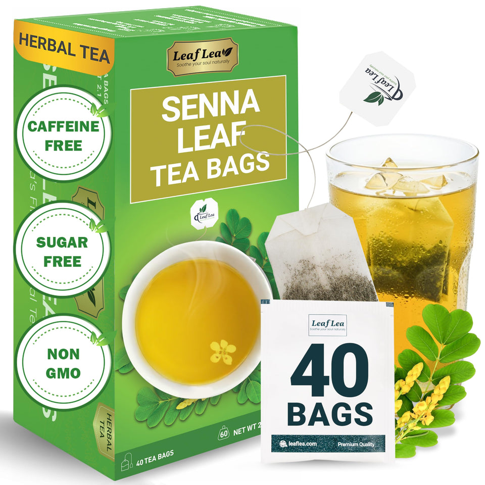 LeafLea Senna tea bags featuring pure leaves for a natural, caffeine-free infusion.