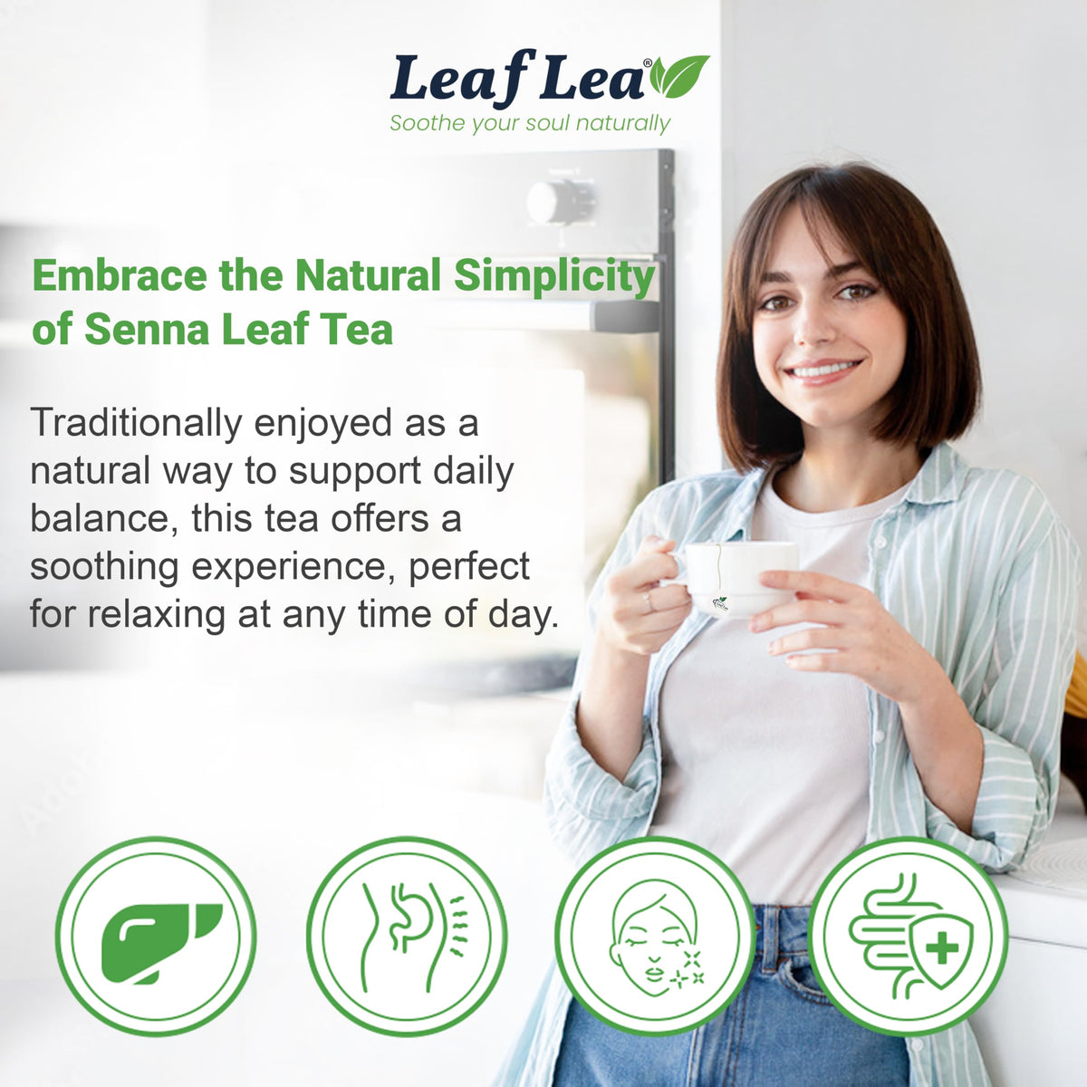 LeafLea Senna tea bags celebrate traditional herbal tea without caffeine.