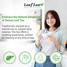 LeafLea senna tea bags brewing in cup shows soothing infusion.