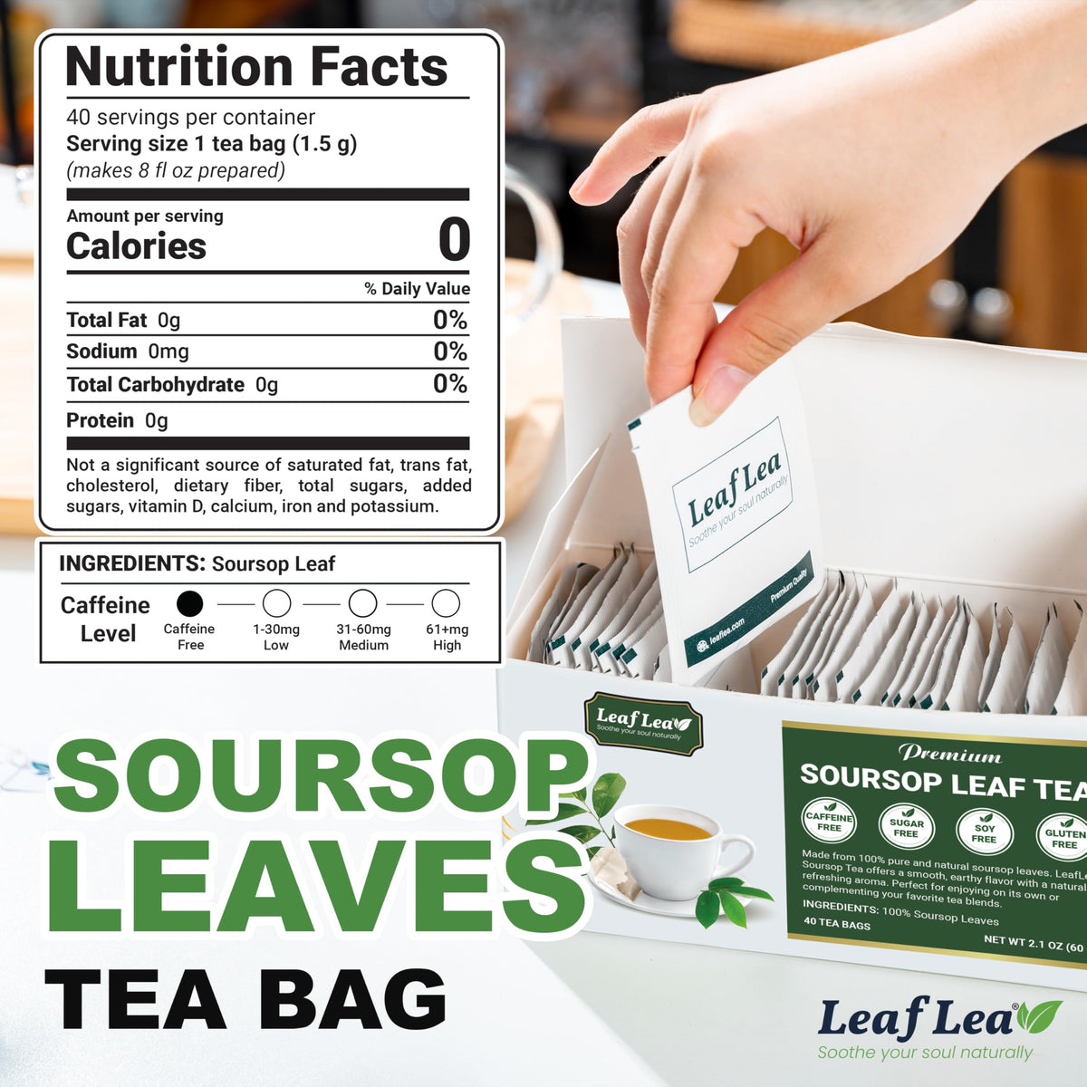 LeafLea soursop leaf dried leaves closeup reveals vibrant color and natural aroma.